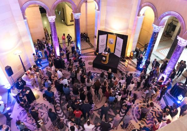 Aerial shot of 70-100 alumni at LA City Hall